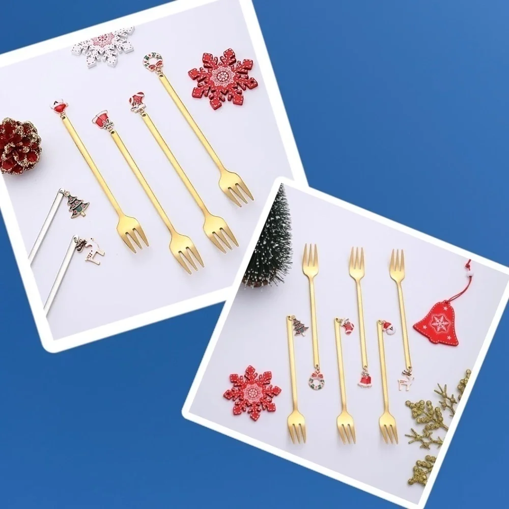 Set of 6 Gold-Plated Stainless Steel Christmas Theme Small Flatware Forks NWT